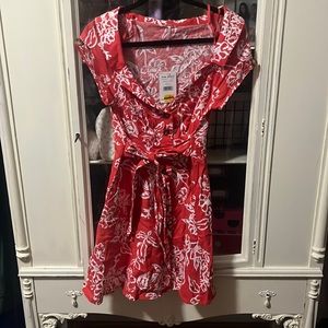 Free people Red floral linen many fit and  flare tie dress